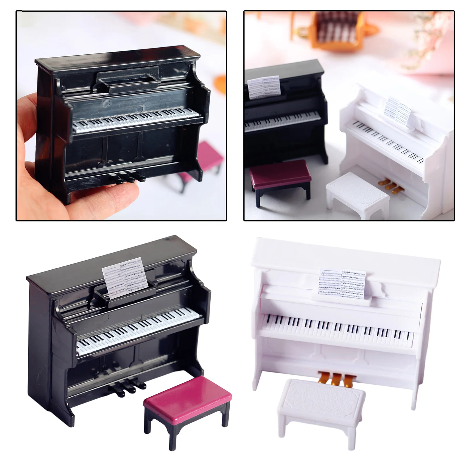 ypypiaol 1/12 Maison De Poupée Miniature Piano en Bois Moule avec Tabouret Doll Room Decor Prop Noir