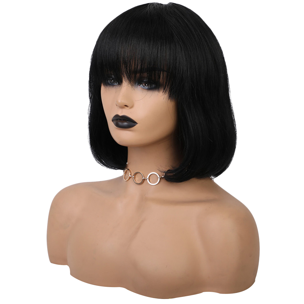 Women Short Bob Middle Part Wigs with Flat Bangs Straight Human Hair Flapper Cosplay Full Head Wig 12’’