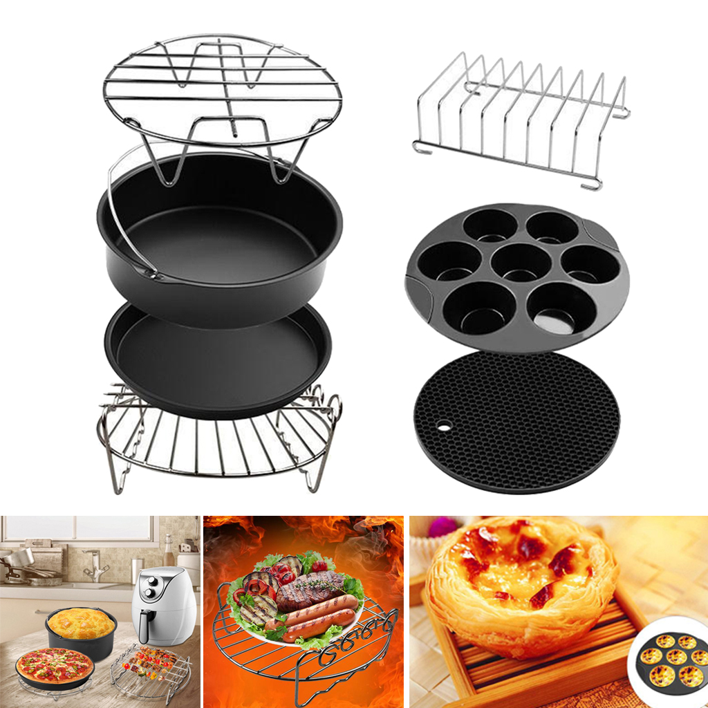 7pcs Air Fryer Accessory Kit Silicone Mat 8inch Pizza Pan Metal Holder