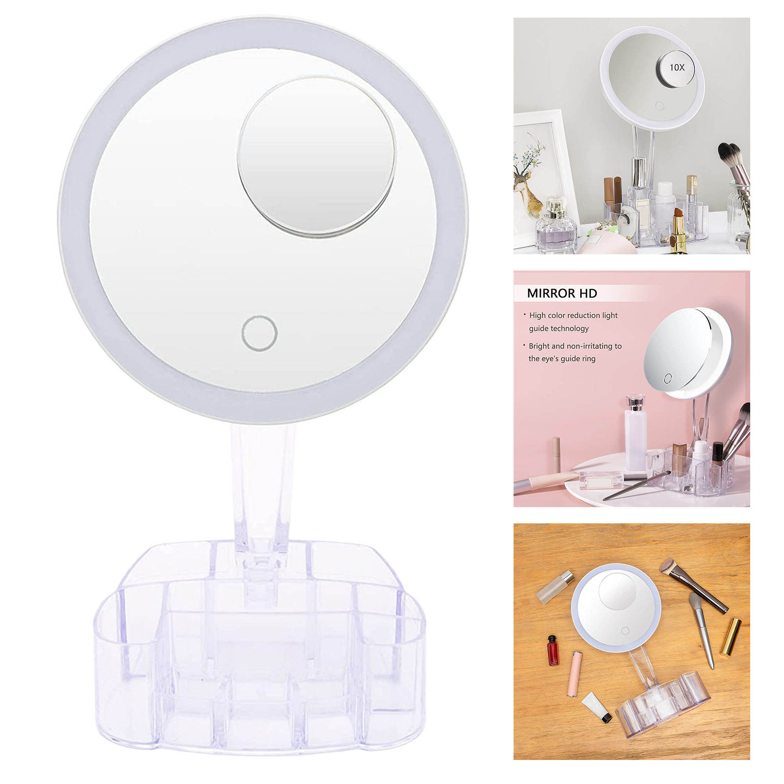 Makeup Mirrors w/ Storage Box Dimming Vanity w/ Detachable 10X Magnification Touch Screen Powered by Battery