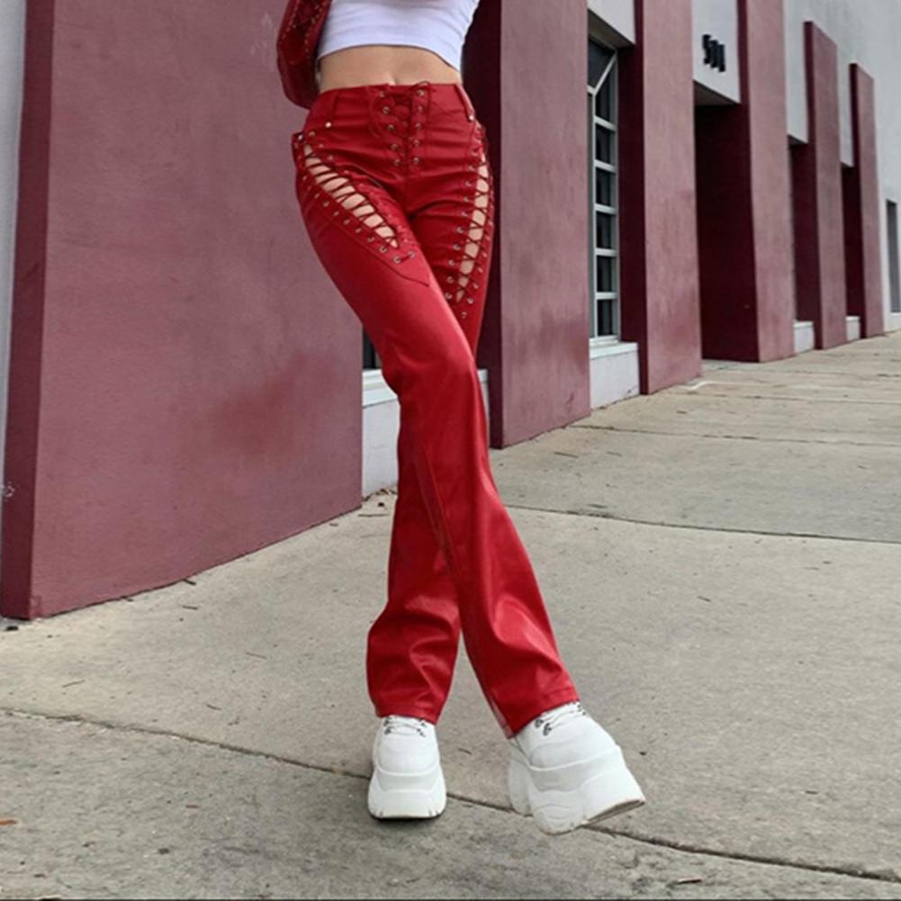 calça feminina elegante com calça de verão justa punk em couro falso cor sólida