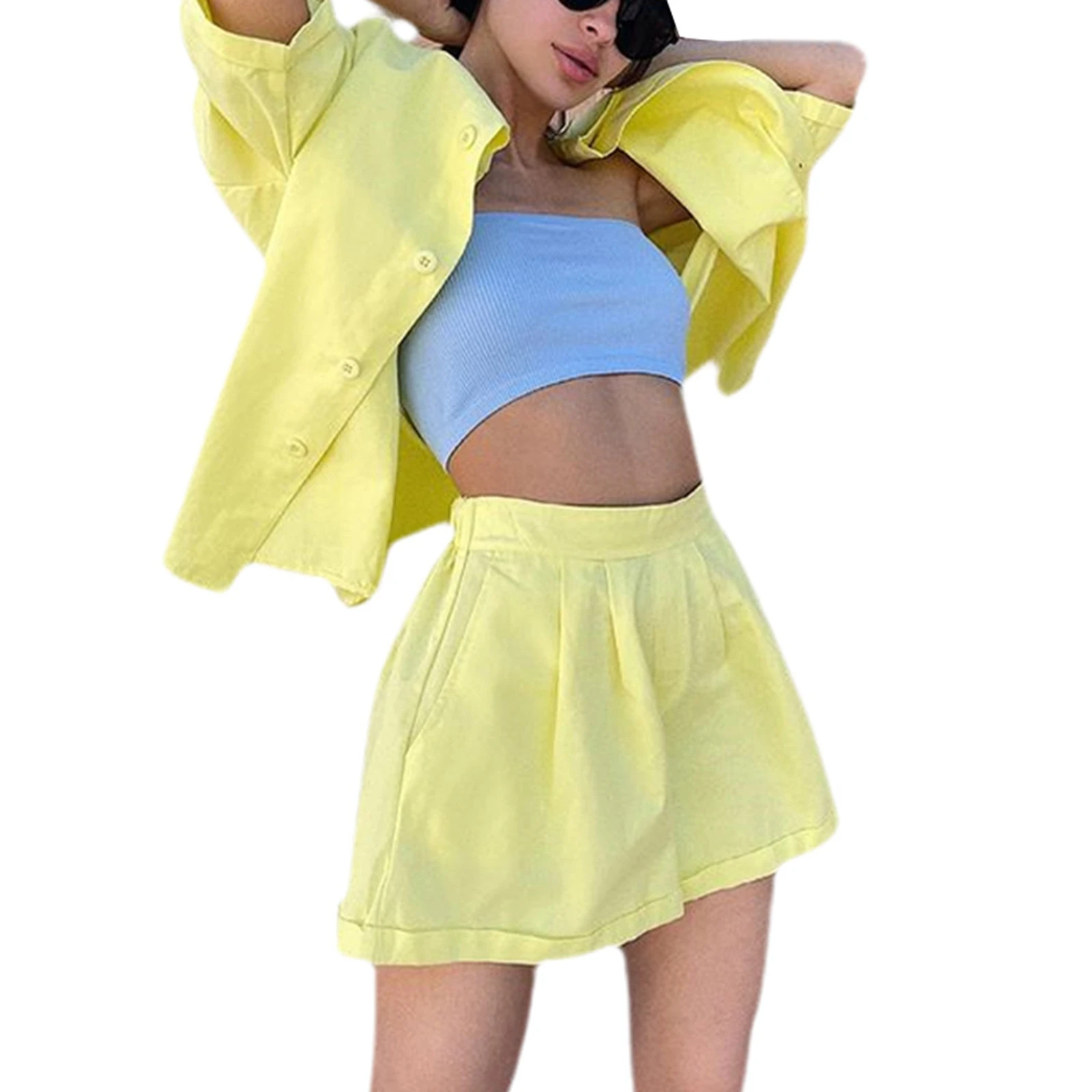 Neue Casual Sommer Trainingsanzug Weibliche Zwei Stück Set Einfarbig Drehen-unten Kragen Kurzarm Shirt Tops Und Lose mini Shorts Anzug