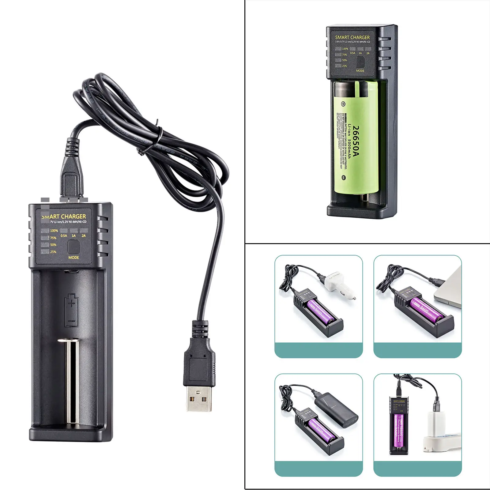 Universal 18650 Battery Charger 3.6V/3.7V LI-Ion Battery with USB Port 16340/17500/17670 One Slot 10400/14500/14650 Lithium
