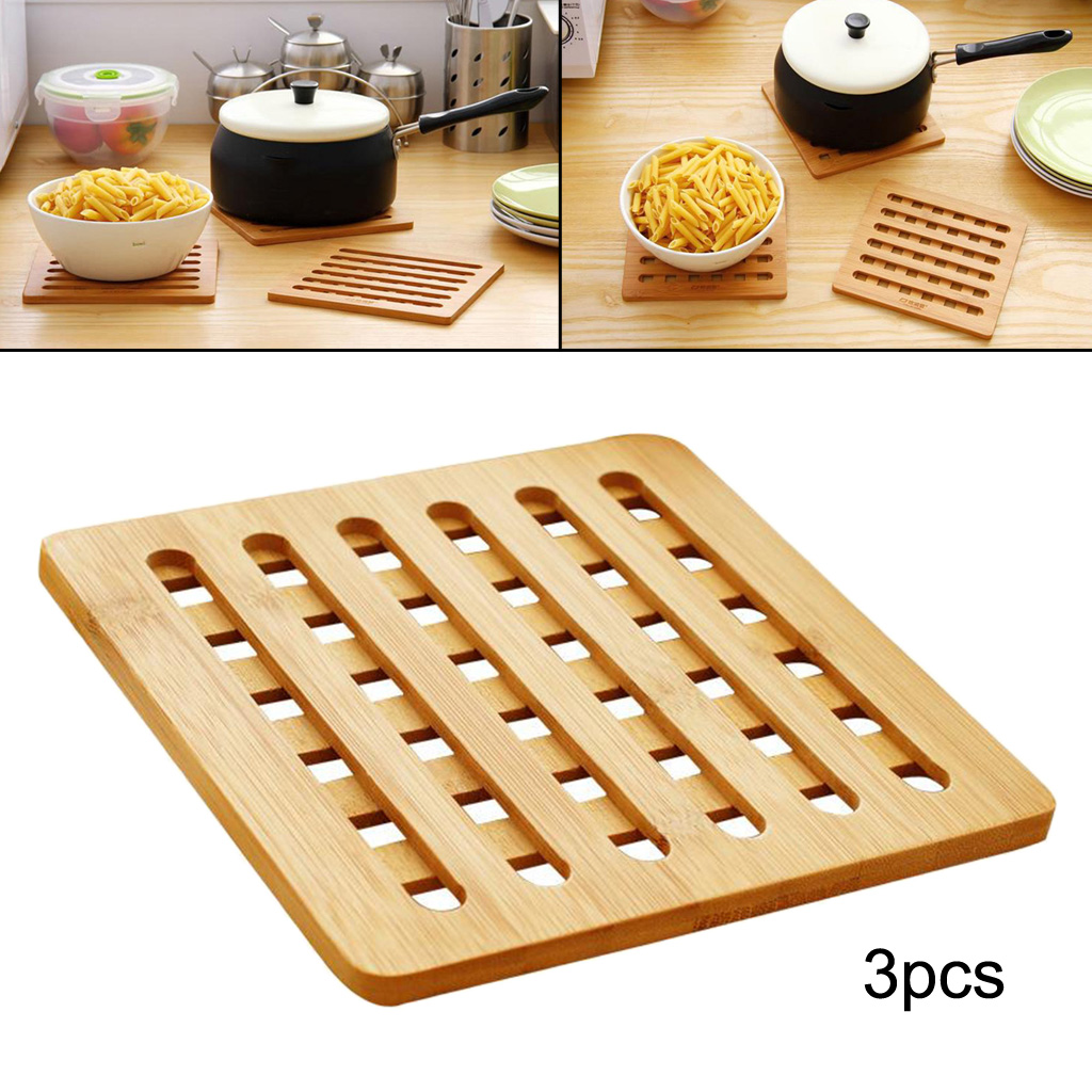 3pcs Natural Bamboo Trivet Mat Pads for Hot Pot Dishes Heat Resistant Square