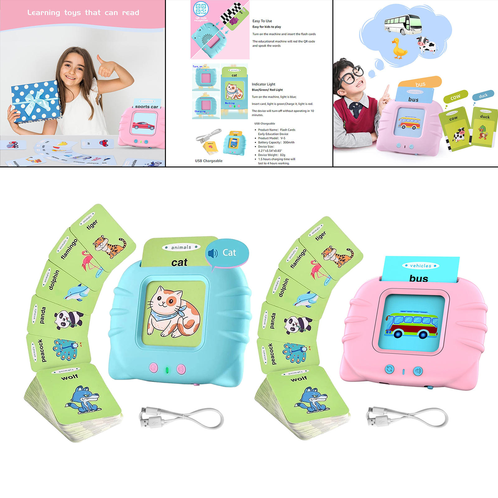 224Pcs Flash Cards Learning Machine Musical Educational Electronic Toy Interactive Toys with Sound Effects Audible for Age 2-6