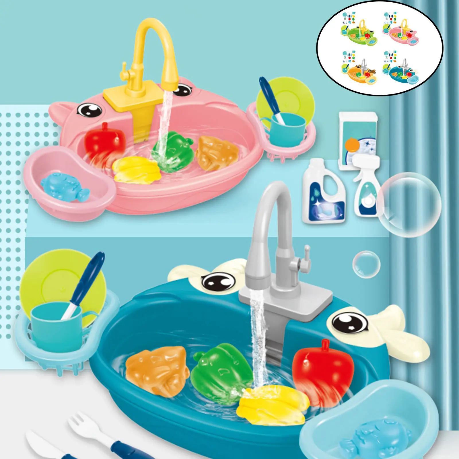 Kitchen Sink Toys Play Dishes Pretend Cleaning with Running Water Electric Play Set for Play House Gift Kids
