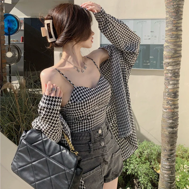 Sets Women 2 Pieces All-match Plaid Long Sleeve Shirts Cropped Camisole Sexy Sun-proof Ulzzang New Fashion Classy Ins Female Y2k matching workout sets