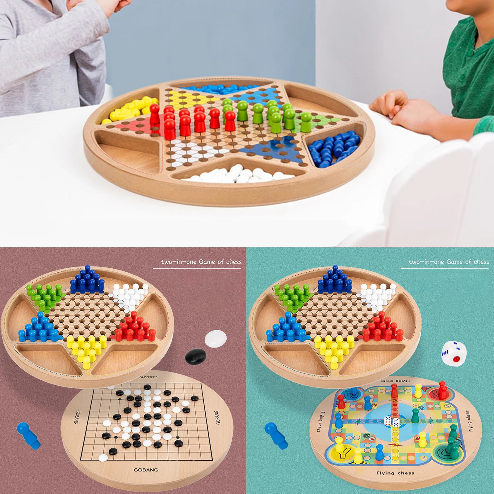 2 in 1 Chinese Checkers Board Game Mini Wooden Travel Set with Coloured Pegs for Adults, Boys and Girls in 6 Colors