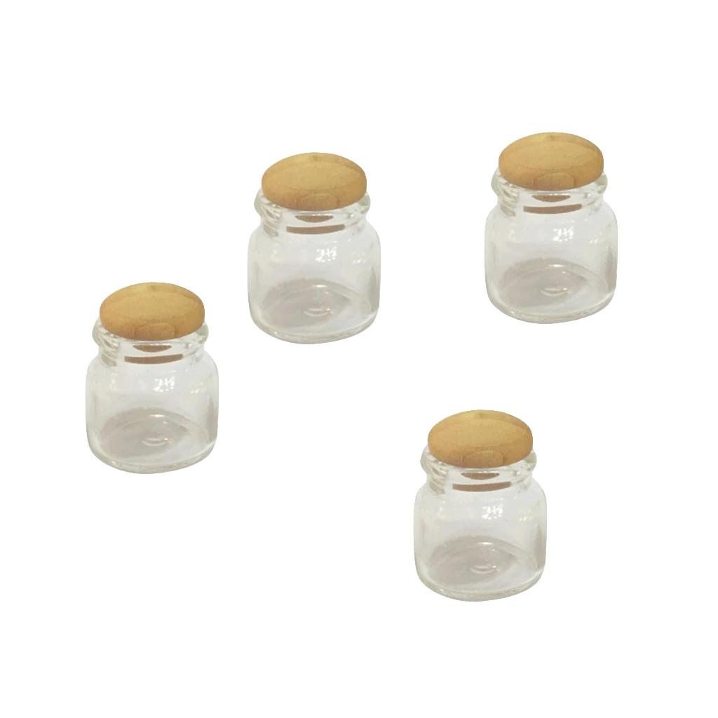 4p Glass Storage Jar Wooden Lid Dolls House Miniature Kitchen Accessory 1:12