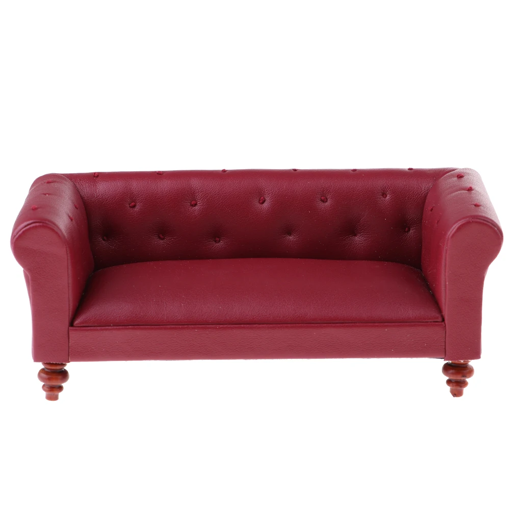 European Style 12th Leather Long Sofa Couch Dollhouse Living Room Furniture Home Model Display Ornaments Red