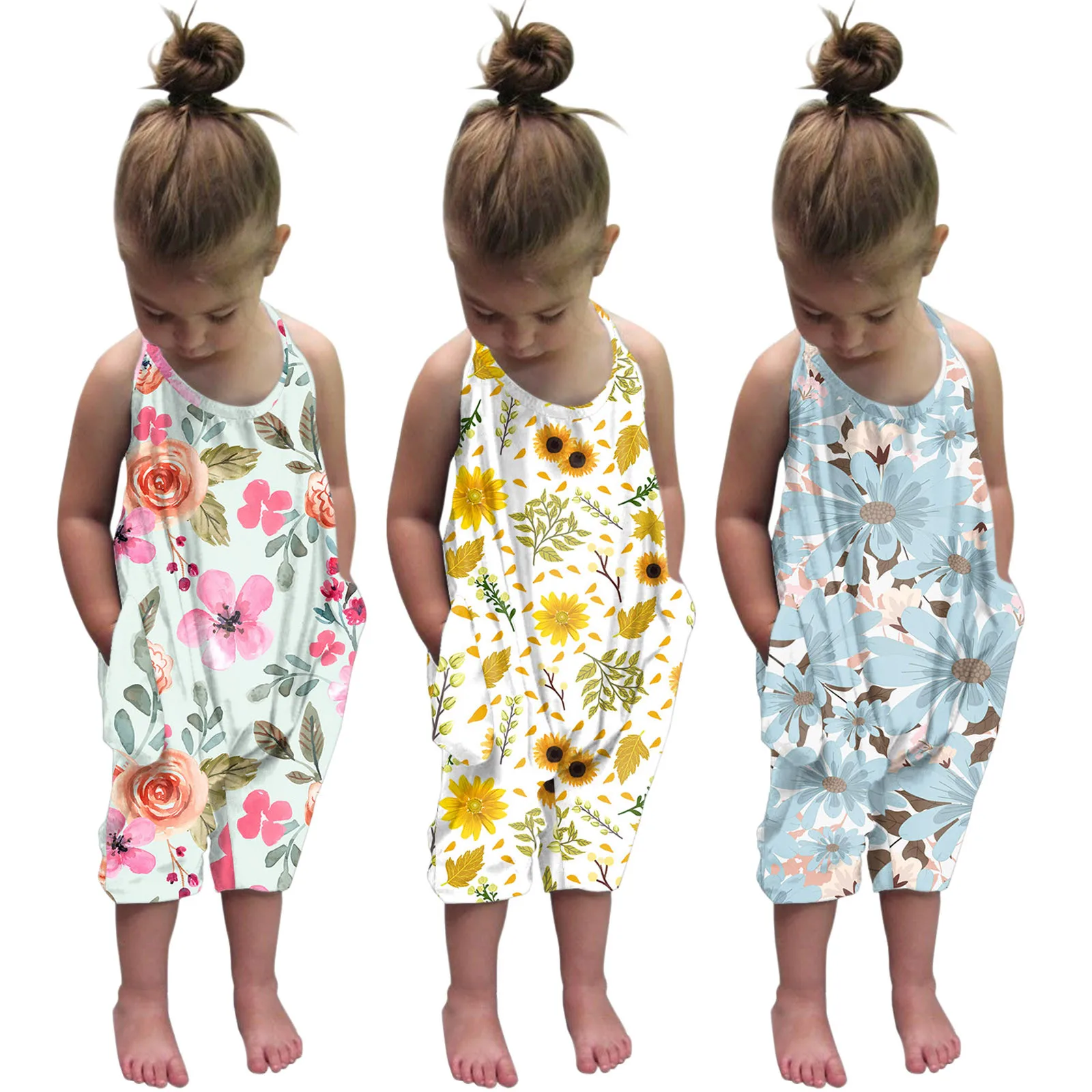 Casual Girls Jumpsuit 1-6 Years Toddler Girl Clothes Strap Flower Print One Piece Girls Romper Summer 2021 Girls Clothing Sets black baby bodysuits	