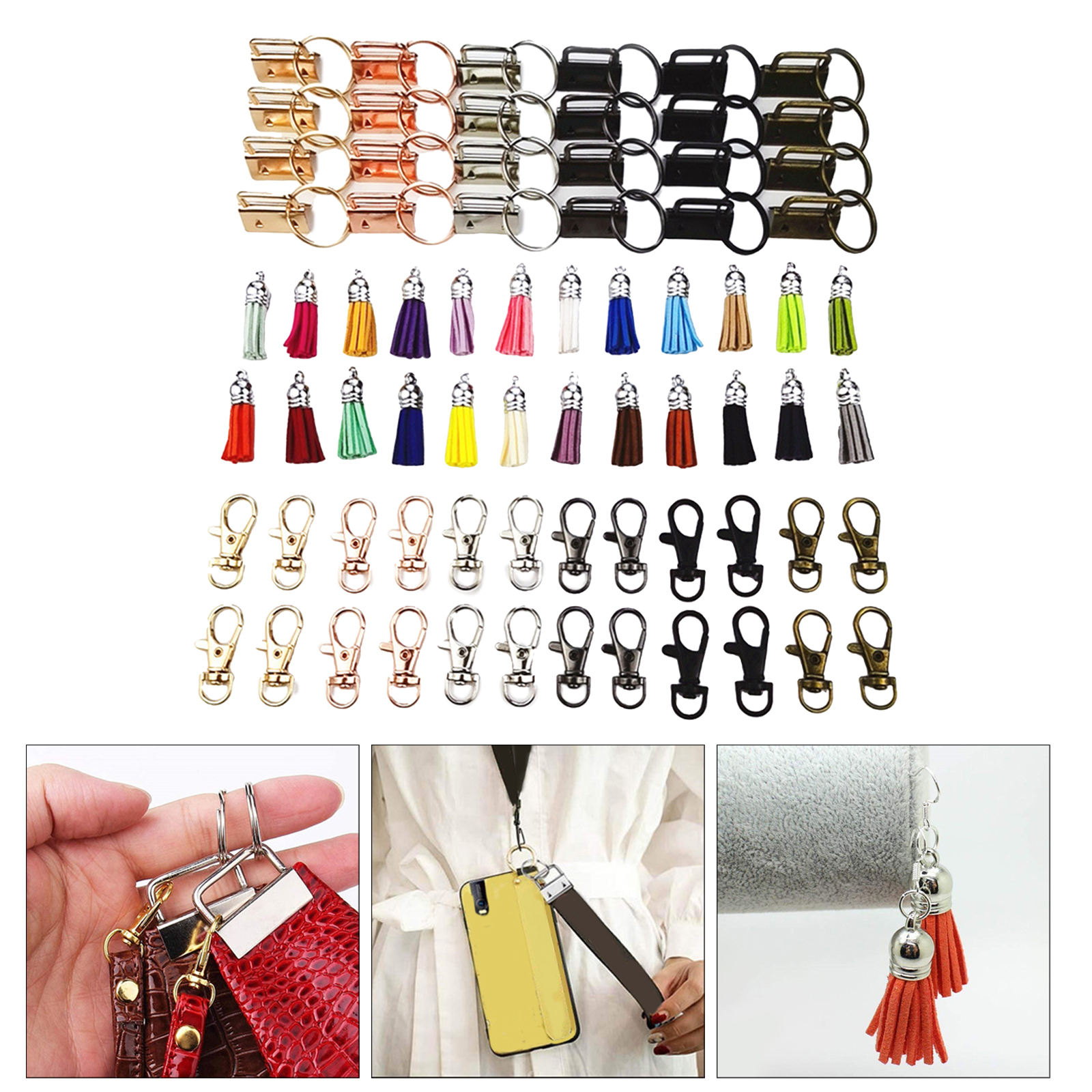 72 Pieces Key Fob Wrist Hardware Set with Key Rings 1 inch Keychain Tassels Swivel Snap Hooks for Wristlet Keychain Key Lanyard