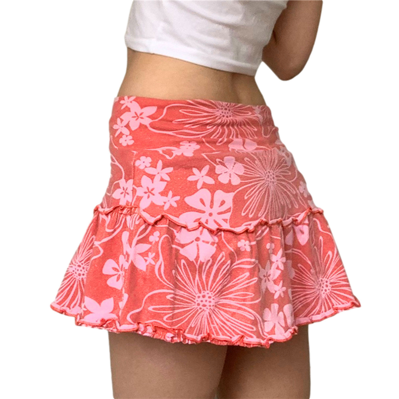 Women's A-Line Mini Skirt 90S High Waist Floral Print Frill Trim Above Knee Short Skirt Y2k Style Skirts Streetwear
