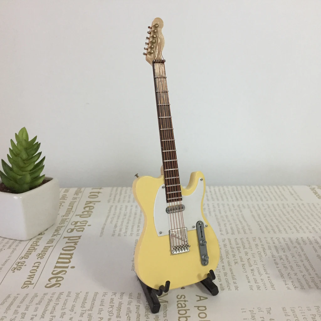 Handmade Mini Wooden Bass Guitar Model with Stand for 1/6 Action Figures Xmas Gifts Toys Accessories Beige