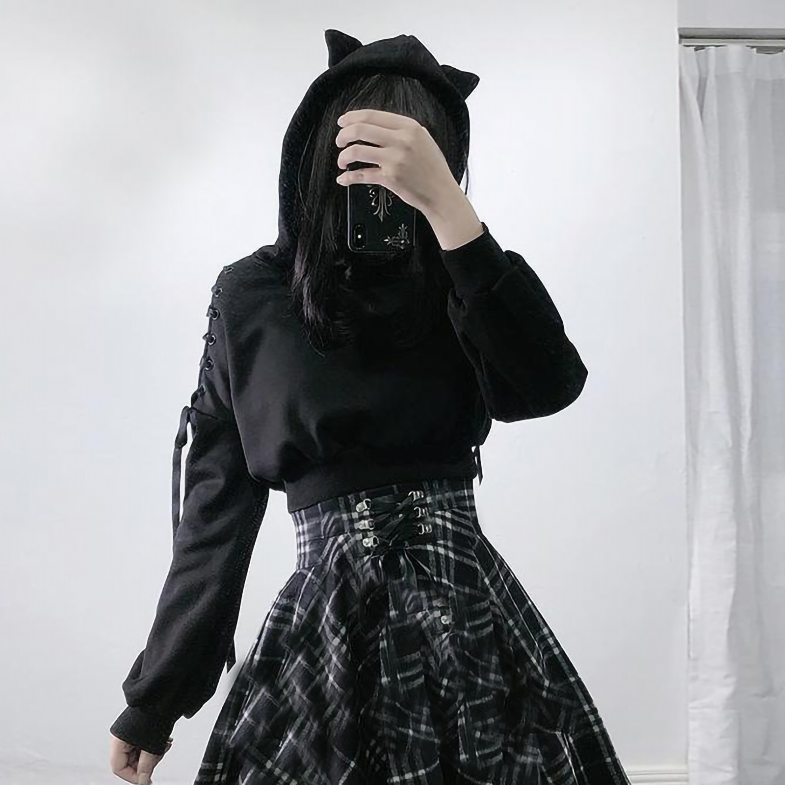 cat ears lace up short hoodie black