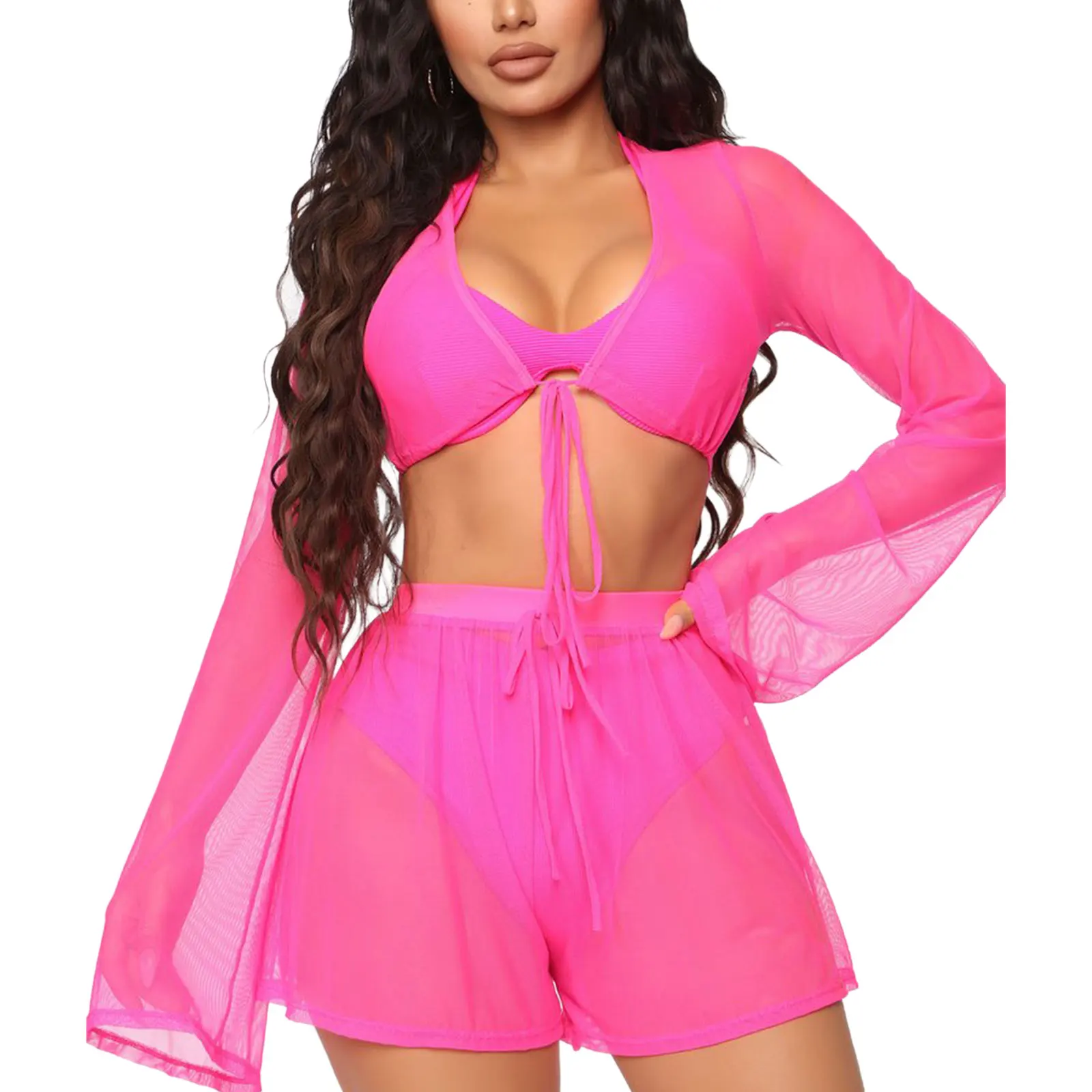 cover up beachwear 2Pcs Women Cover-Ups Swimwear Set Sexy Tulle Midriff-baring Lace-up Smock+Perspective Shorts (Not Include Underwear and Panties) bikini cover up skirt wrap