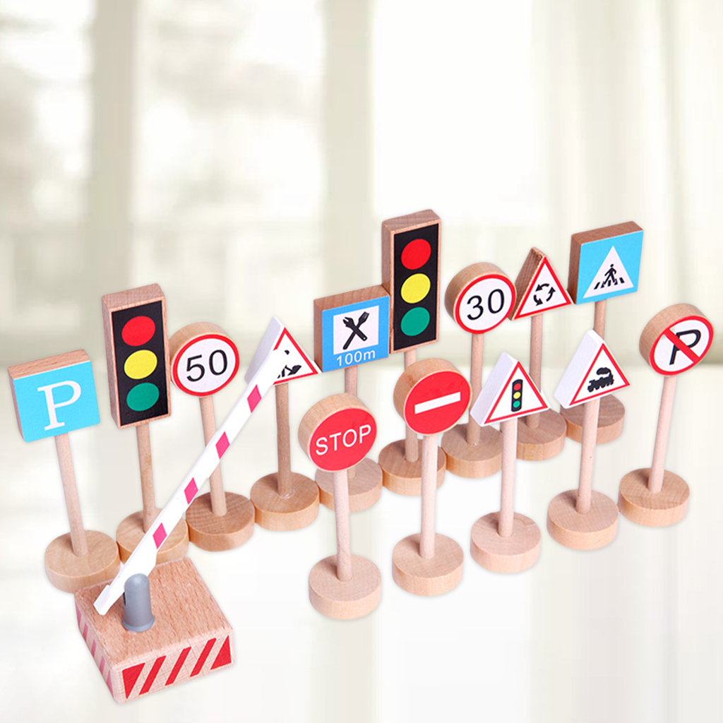 15Pcs Wood Crosswalk Road Sign Traffic Light Stop Light Signal Lights Practical Skills Birthday Party Pretend Play Toys