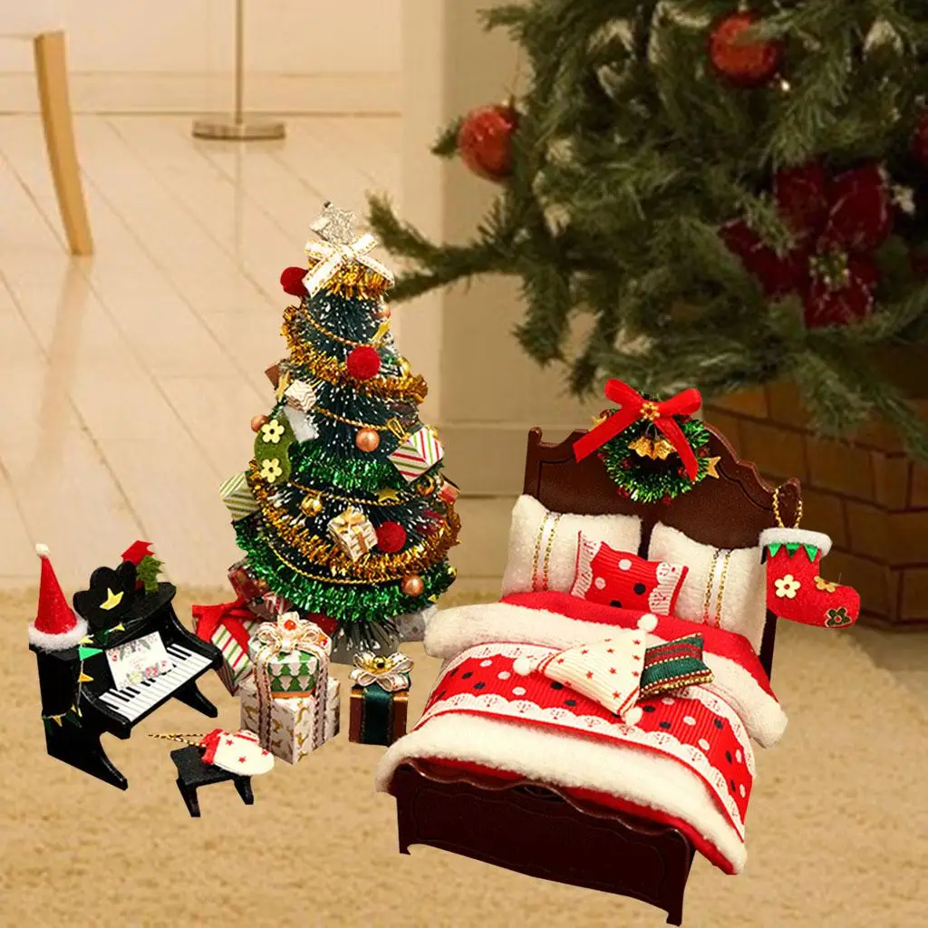 Christmas Tree Dollhouse Miniature Bed Furniture Kit, Pretend Play Doll House