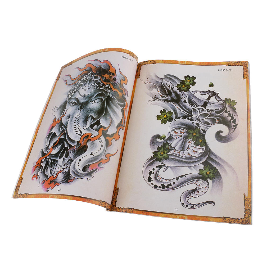 Flash Tattoo Reference Manuscripts Book Chinese Buddha Skull Lion Elephant Phoenix Cat Fish Flower