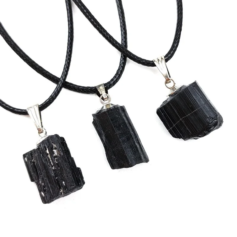 Natural Black Tourmaline Rough Pendant Irregular Black Tourmaline Cylinder Rough Stone Personality Necklace