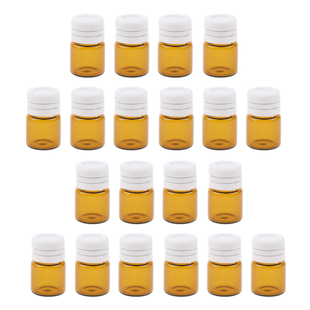 20 Pcs Portable Amber Mini Glass Bottles Sample Vial Small Essential Oil Bottles Travel Must Refillable 1ml/2ml