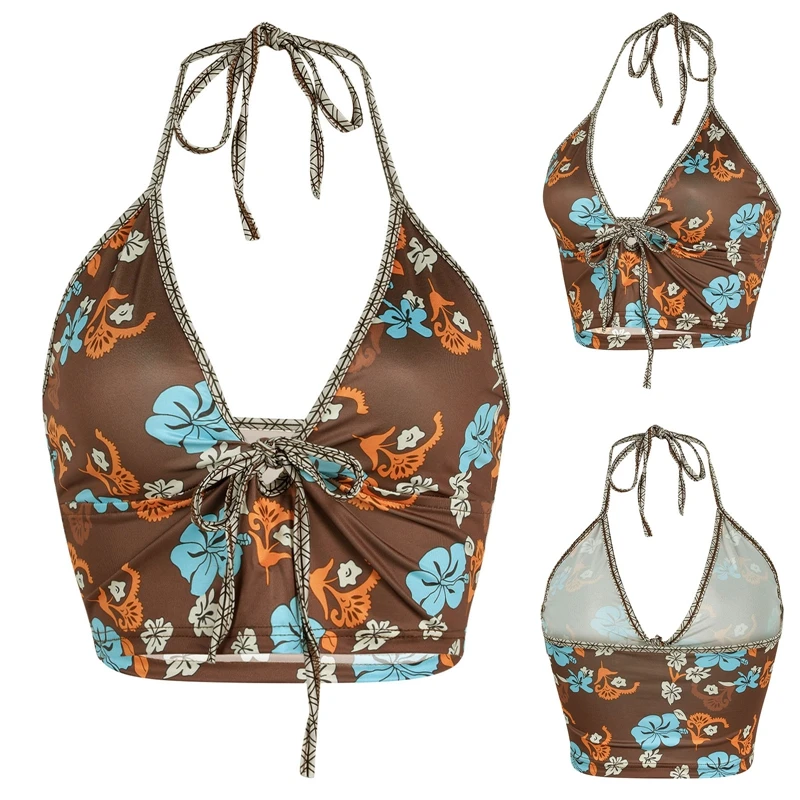 camisole Vintage Y2K Bohemian Floral Print Crop Top Summer Beach Style Sexy V-neck Backless Halter Cami Top Women Aesthetic Streetwear cami top