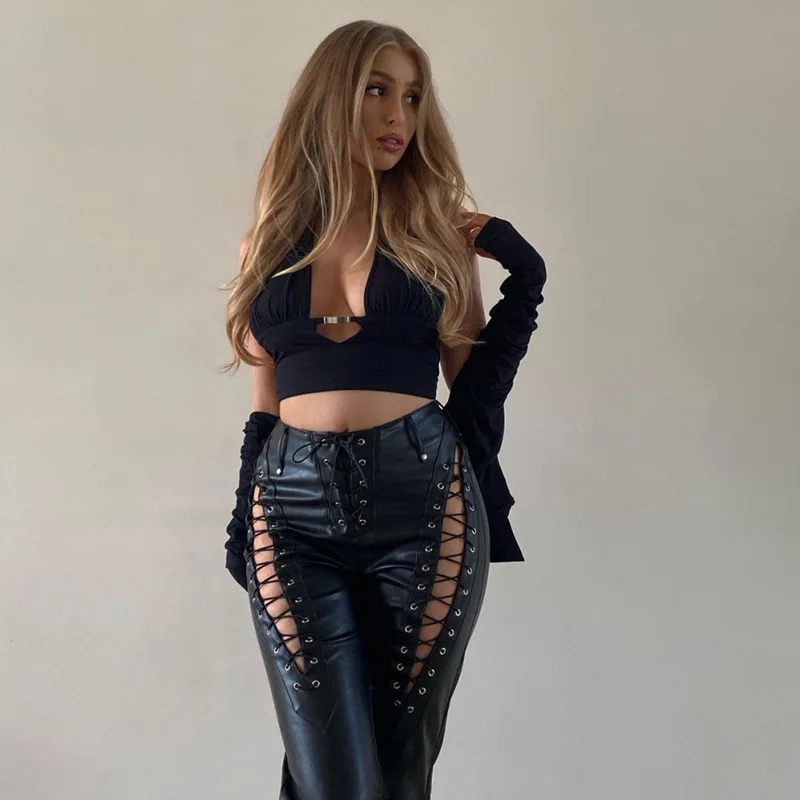 Trend Faux Lether Lace-up Pants Chic Women High Waist Skinny Hollow Out Long Trousers Wild Streetwear Bottoms Harajuku Clothes