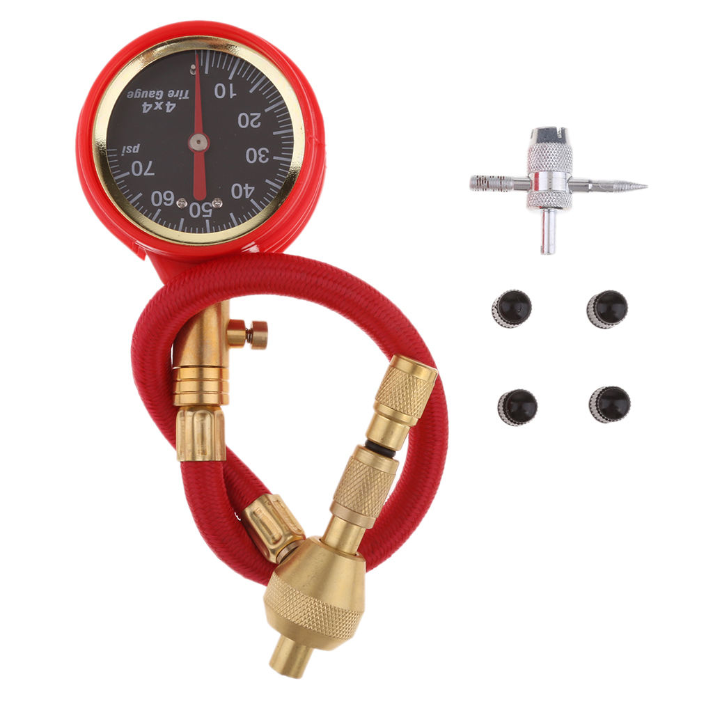 Red Mechanical Pointer Tire Pressure Gauge Tyre Deflator Kit with 4 Valve  for Automobile Cars Trucks Tire Repair Tools
