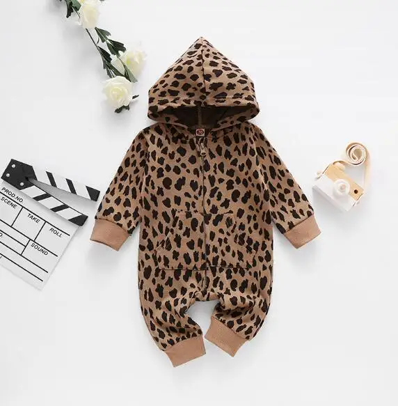 bebê leopardo infantil bebê menino menina manga longa zíper com capuz macacão outono roupas de inverno