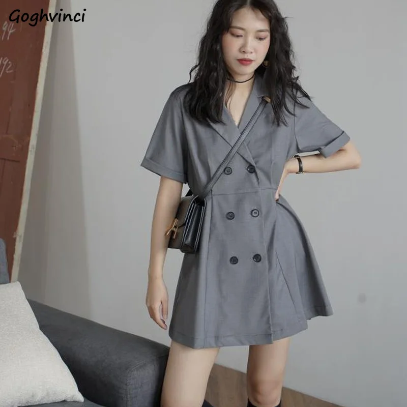 Women Short Sleeve Dress High Quality Button Up Notched A-line Mini Pleated Dresses Sexy All-match Retro Elegant Female Ulzzang semi formal dresses
