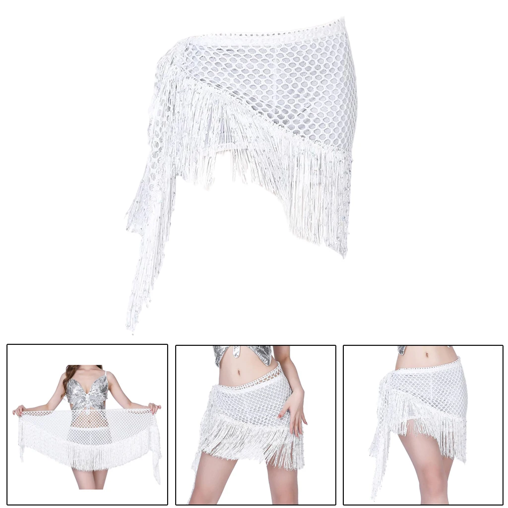Women Mesh Dangling Belly Dance Hip Skirt Scarf Tassels Bling Sequins Wrap Belt Bellydance Practice