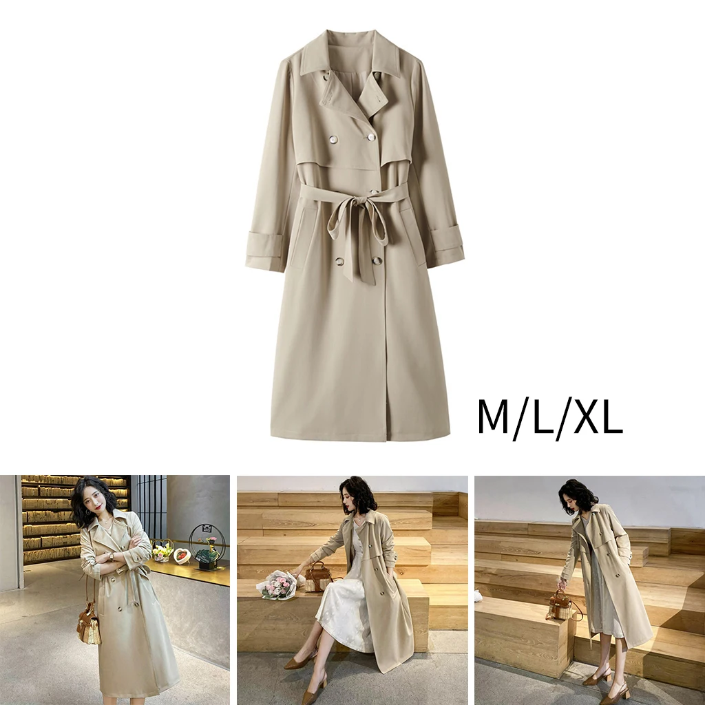 Women`S Double-Breasted Trench Coat Slim Regular Self Tie Sleeve Belt Jacket Lapel Overcoat