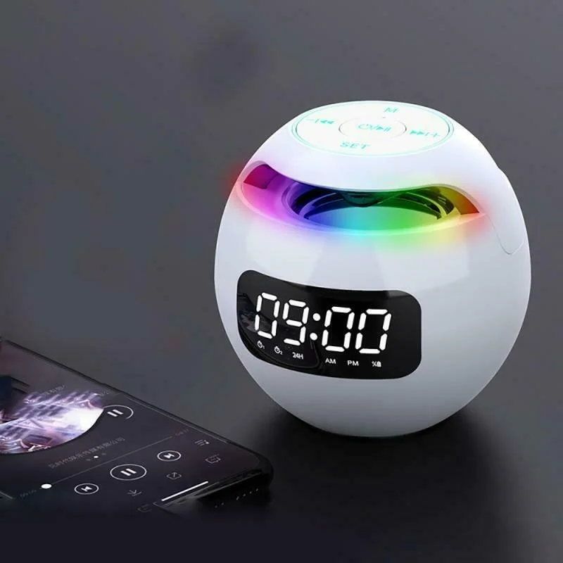 Bluetooth Speaker, rodada, luz noturna, luz colorida, tocar música, relógio de mesa