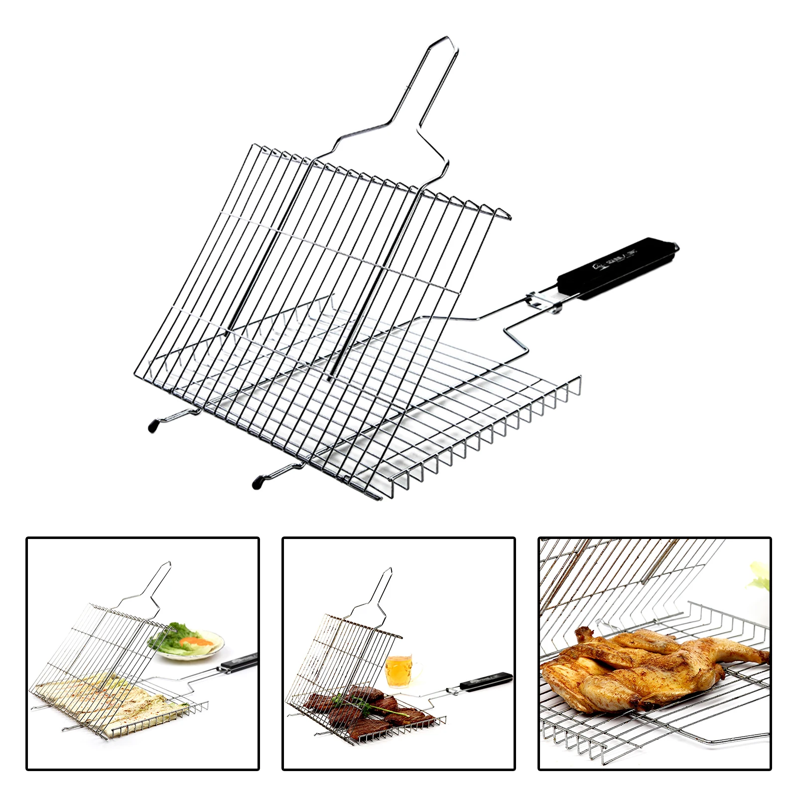 Wooden Handle BBQ Grilling Basket Fish Vegetable Holder Tool Stainless Steel 