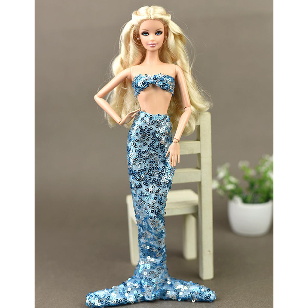 New Hot Doll Garments Outfit Swimwear Mermaid Big Tail Dress Bra Top for 12''  Doll Accessories Light Blue