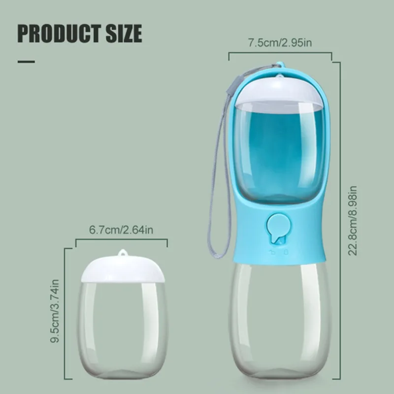 Una comparación del tamaño del producto para una botella de agua. En el lado izquierdo, hay una versión más pequeña de la botella, etiquetada con unas dimensiones de 6,7 cm de alto y 2,64 pulgadas de ancho.