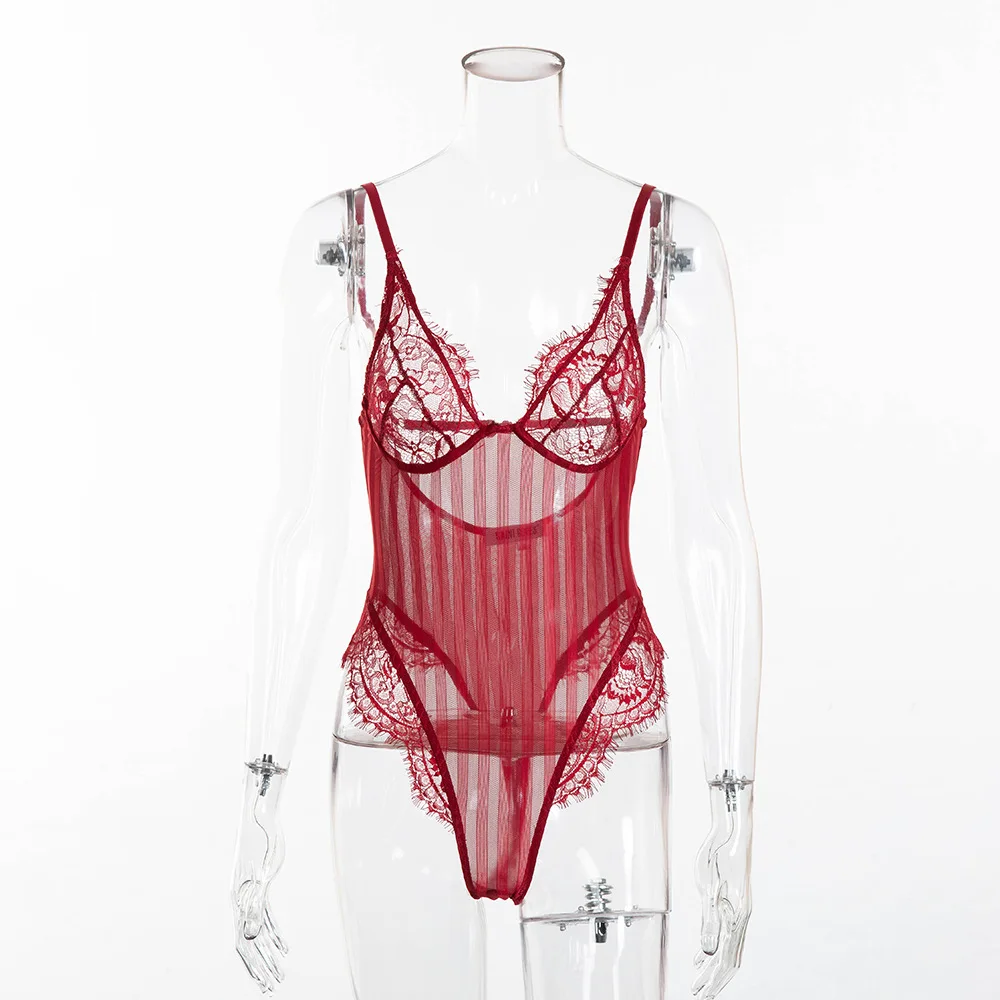 See Through Patchwork Stripe Lace Bodysuit Sleeveless Sexy V Neck Hollow Out Embroidery Skinny One Piece Jumpsuit Body Dentelle shapewear bodysuit