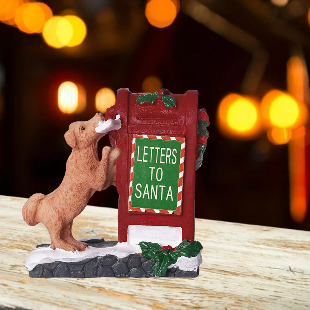 Christmas Statue Figurine Cute Doggy Letter Santa's Mailbox Sculpture Art for Table Bedroom Living Room Home Decor Office