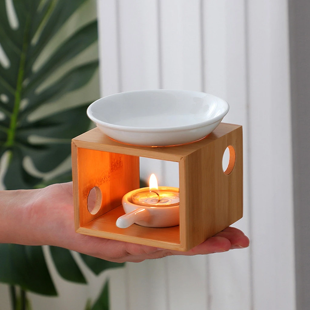 Oil Burner Bamboo Frame Wax Melt Burner Ceramic Oil Warmer with Candle Spoon