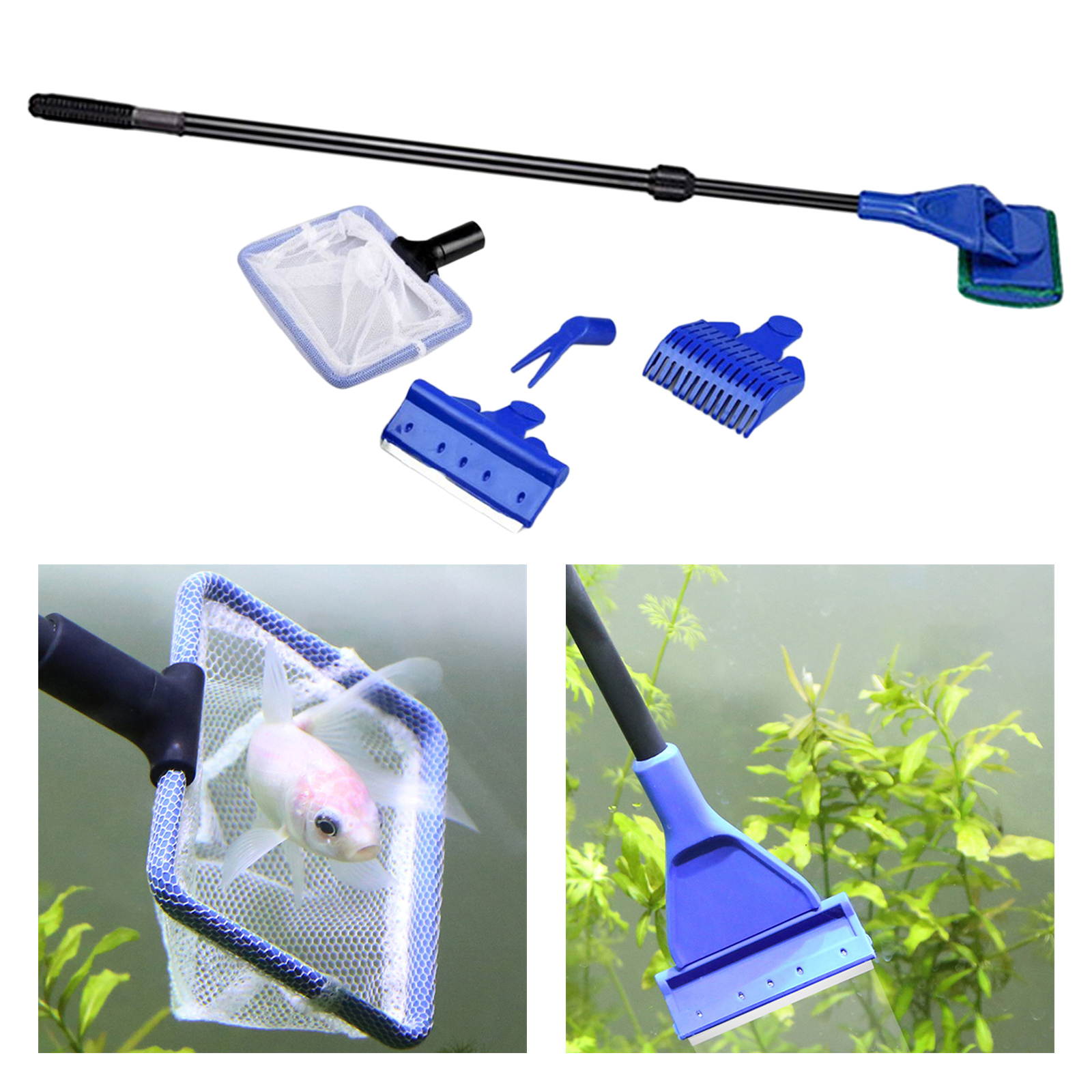 5 in 1 Aquarium Fish Tank Cleaning Kit Multiple Cleaner(Non Slip Handle) Fish Net + Scraper + Rake + Fork + Sponge