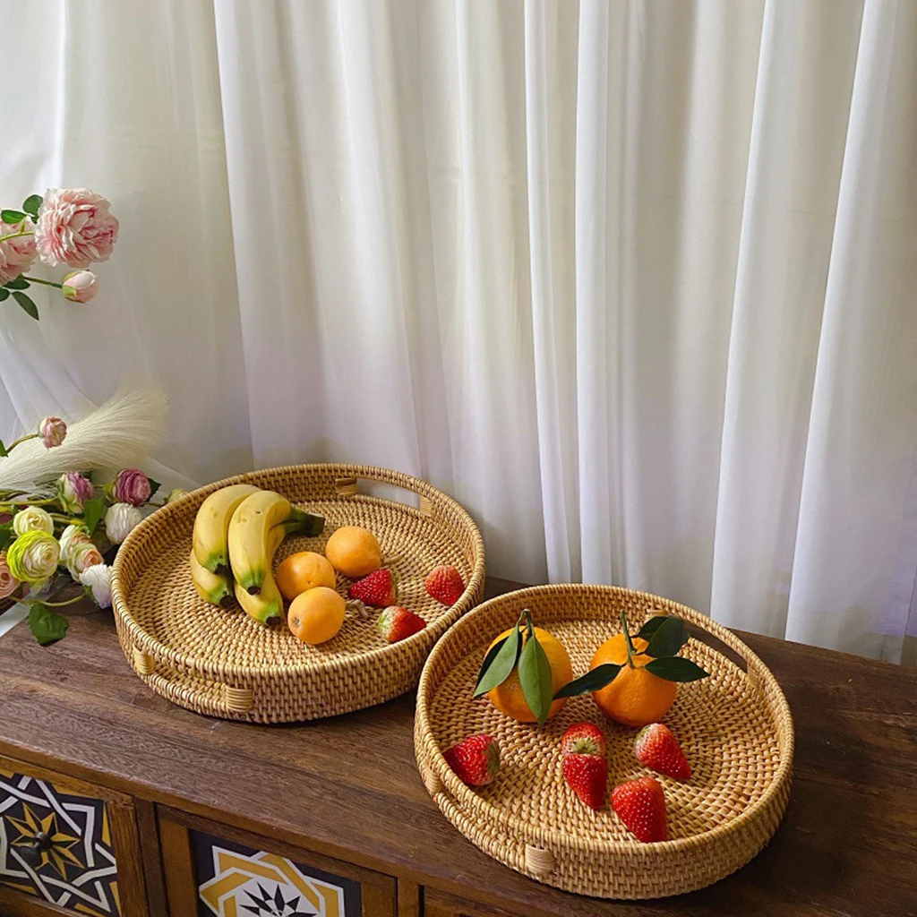 Rattan Handwoven Round Serving Tray Food Storage Plate With Handles Wicker Basket Wooden Tray For Drink Fruit Coffee Tea