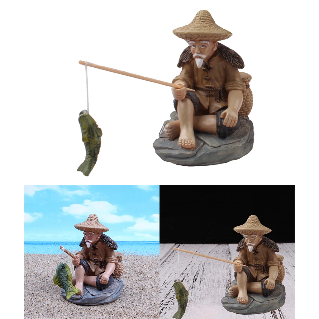Fisherman Figurine Garden Statue Pool Miniature Sculpture Resin Crafts Decor 