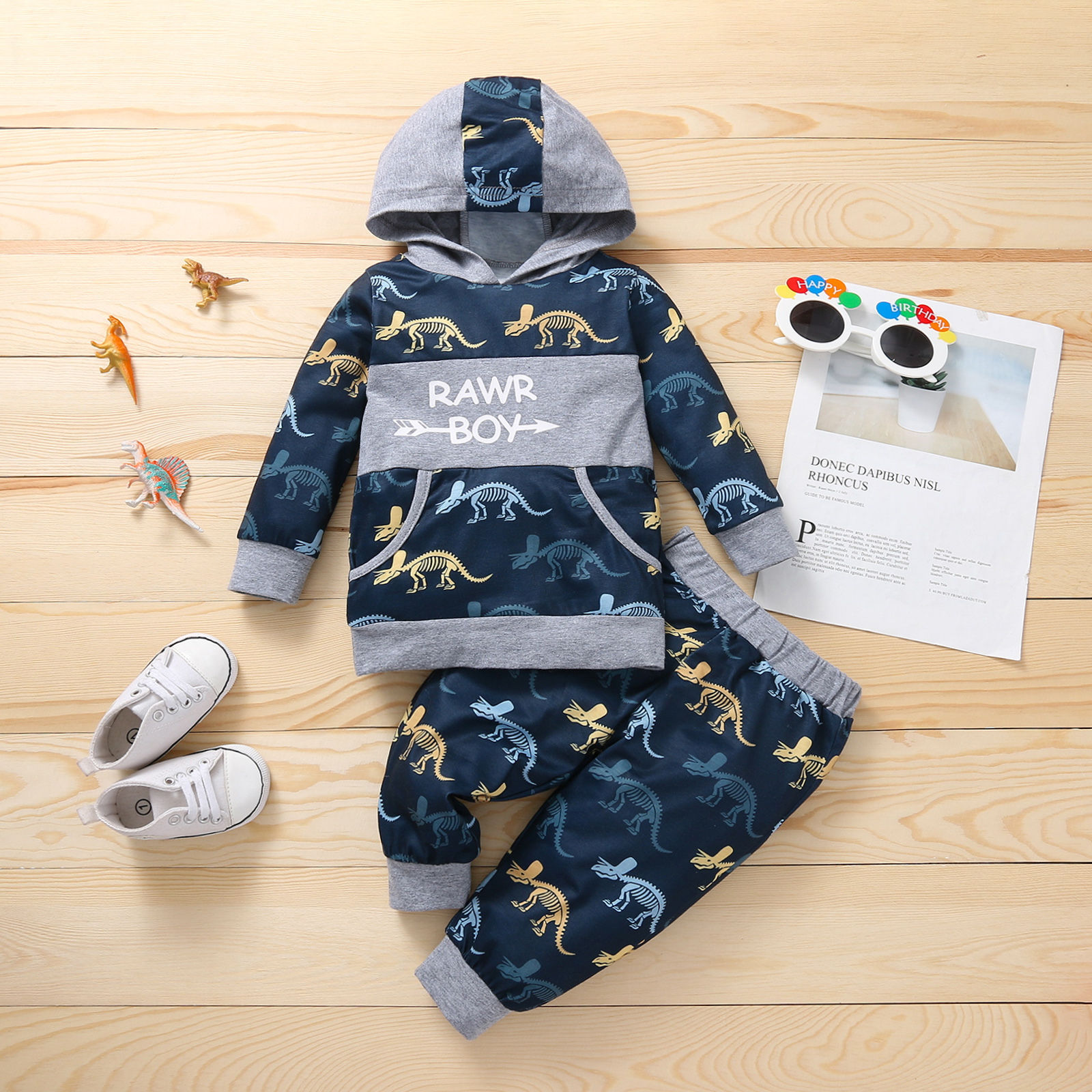 Camisolas e Calças de Algodão Longa com Capuz Tops e Calças Opperiaya Bebê Meninos Outono Terno Moda Bolso Carta Manga Dinossauro 1 Opperiaya bebê meninos camisolas e calças de