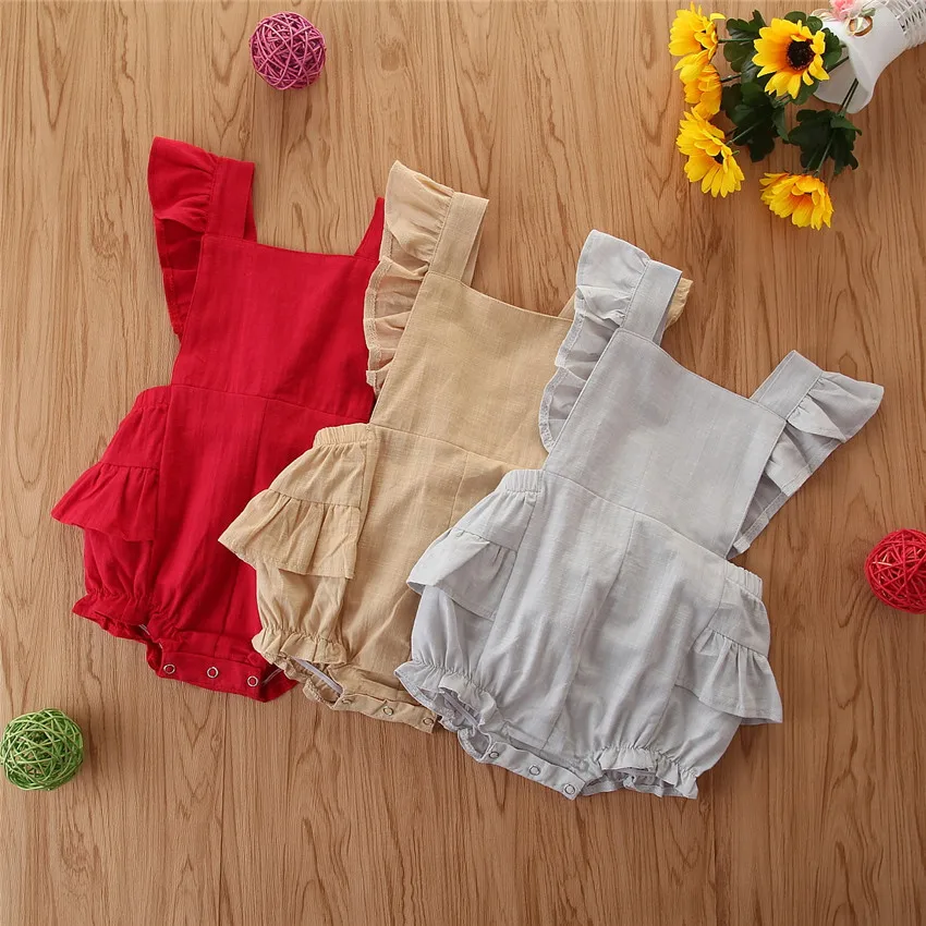 Summer Baby Girls Romper Ruffles Cotton Linen Solid Sleeveless Infant Rompers Baby Playsuit Jumpsuits Clothes cheap baby bodysuits	