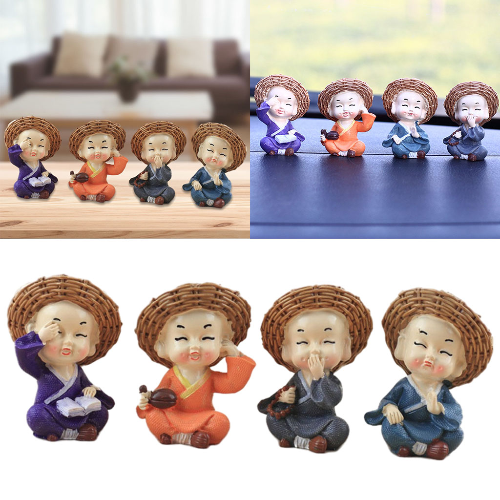 4pcs / set Cute Little Monk in Straw Hat Figurines Car Dolls Decoration, Home