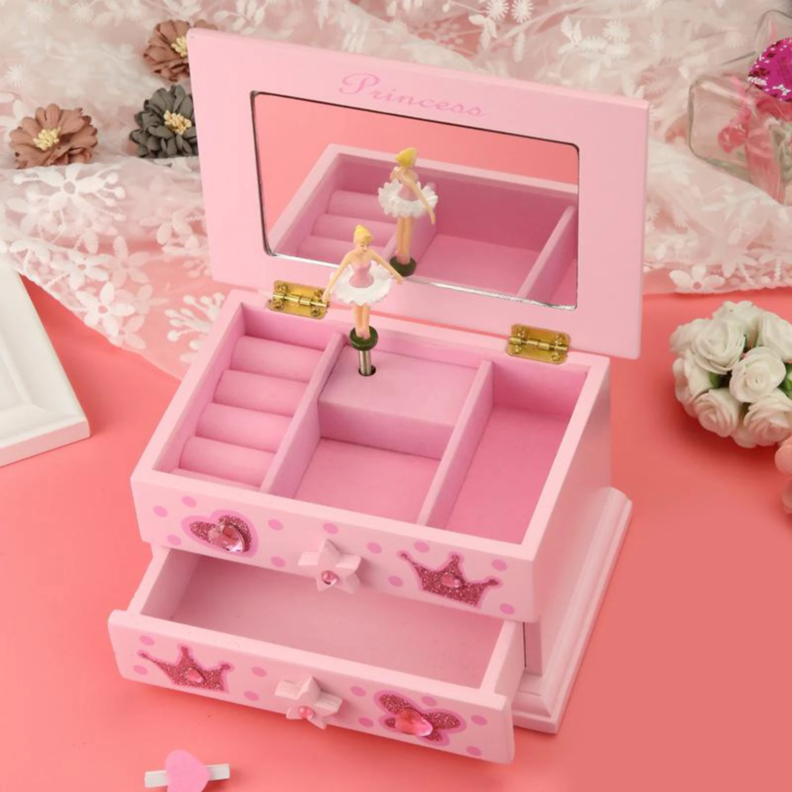 Princess Music Jewelry Box Ring Bracelets Storage Organizer Case Vinity Dresser Wedding Valentine`s Day Musical Box Gift