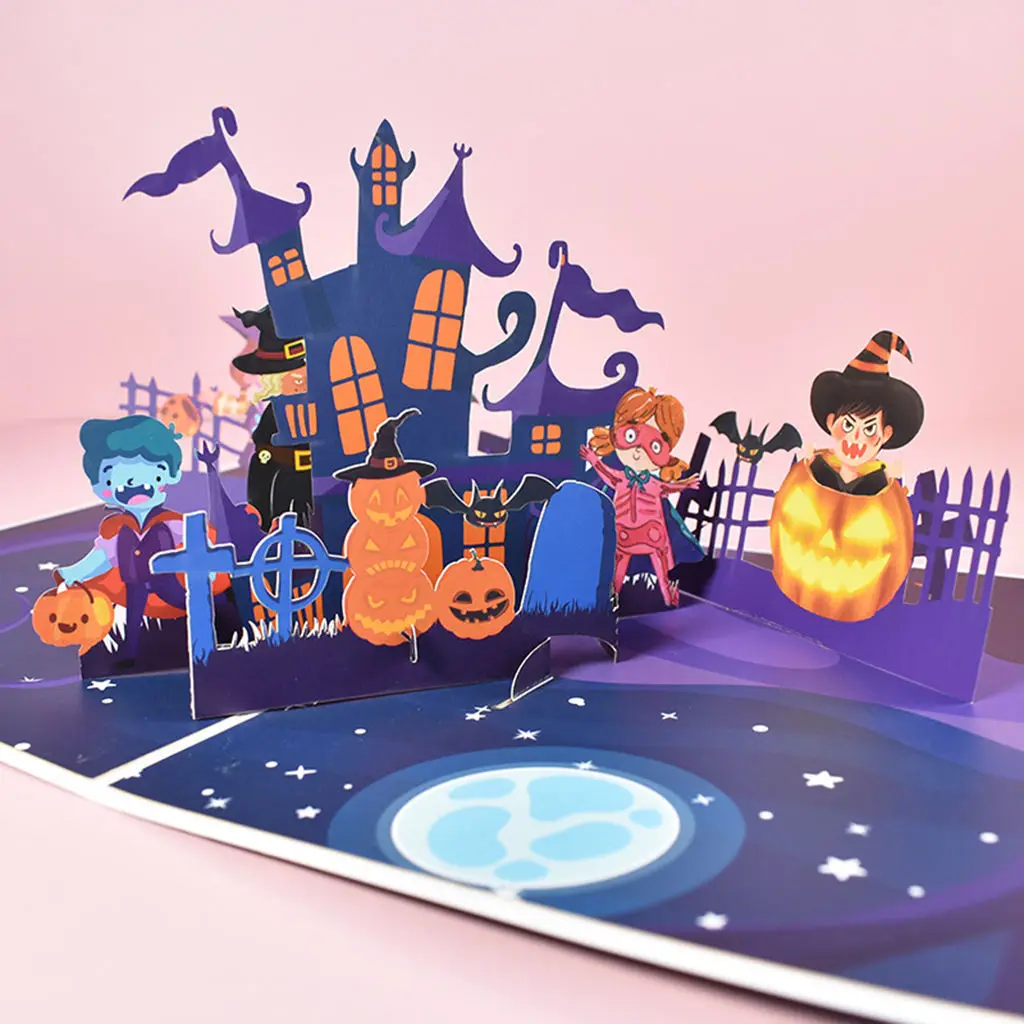 3D Folding Cards Postcard Party Halloween Pumpkin All Occasion Haunted House Scary Card Cards for Kids Welcome Card for Family