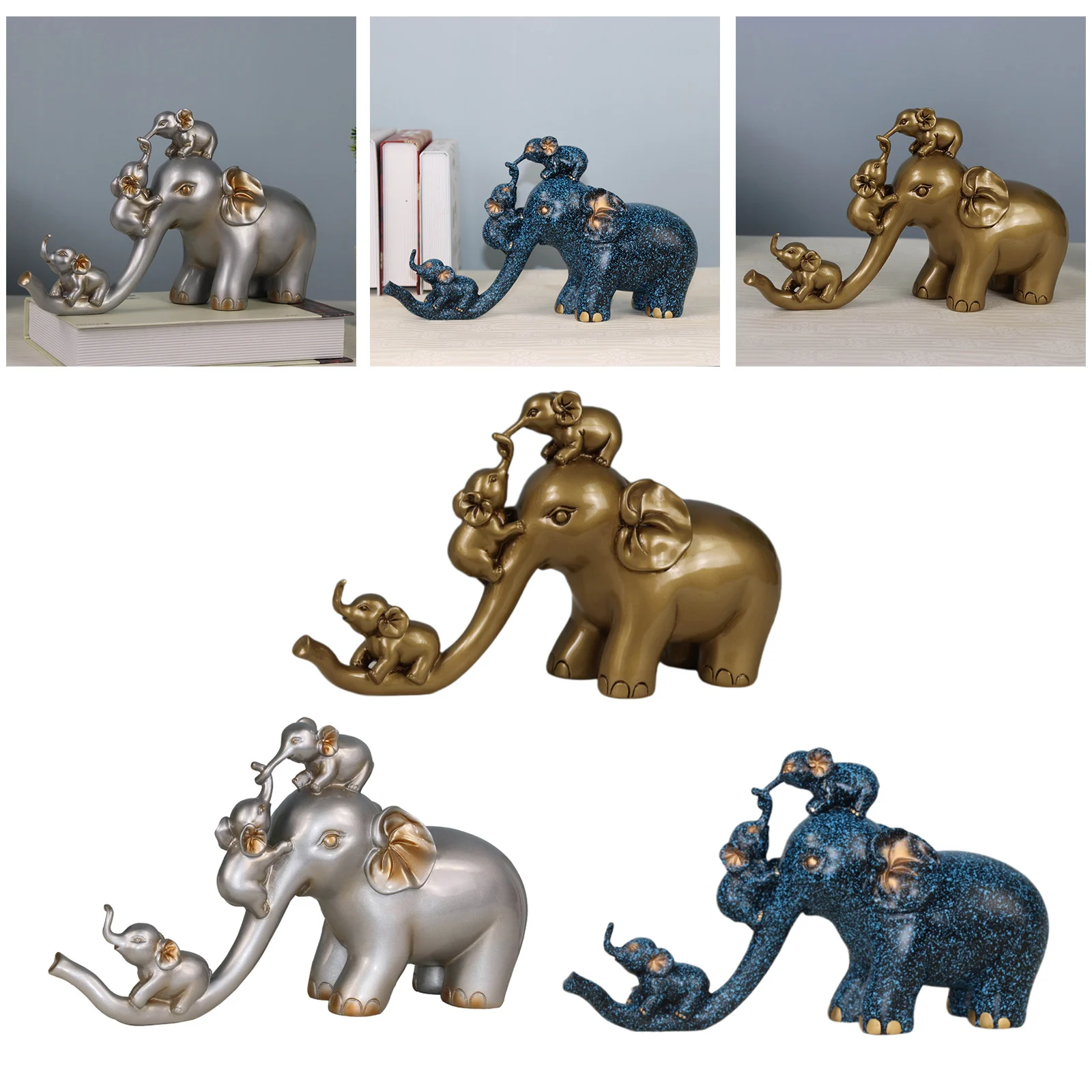 Elephant Family Figurine Resin Carving Animal Statue Sculpture Shelf Decor