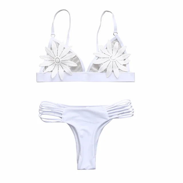 Floral Embroidered Strappy Mesh Triangle Brazilian Bikini Set - White –  Trendy & Unique