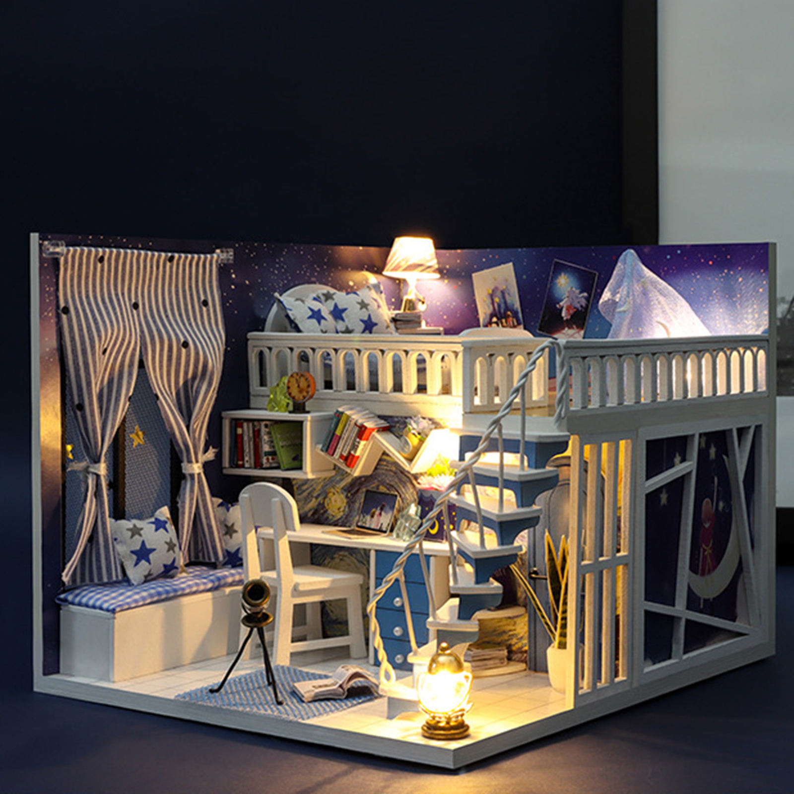 Dollhouse Kit LED Light Dustproof Case Wood Craft Themed Star House Gift